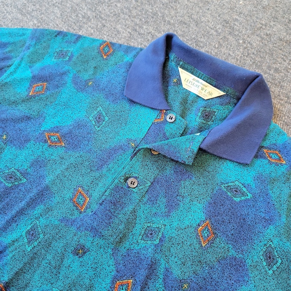 St Michael Polo Shirt Mens Medium Blue Geometric All Over Print - Ships from USA